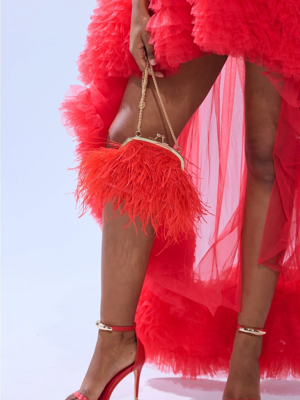 Red Feather Frame Clutch with Gold Chain
